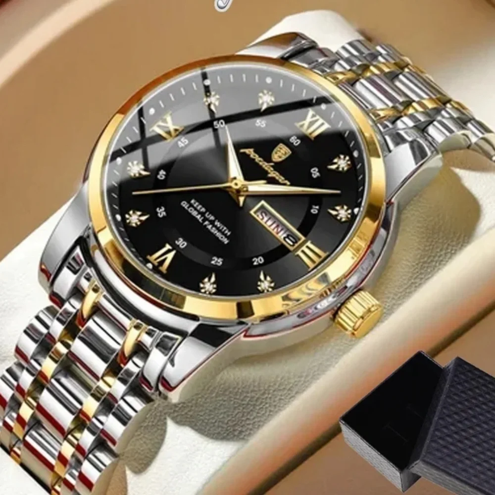 POEDAGAR Men's Watch Date Week Waterproof Luminous Quartz Stainless Steel Black